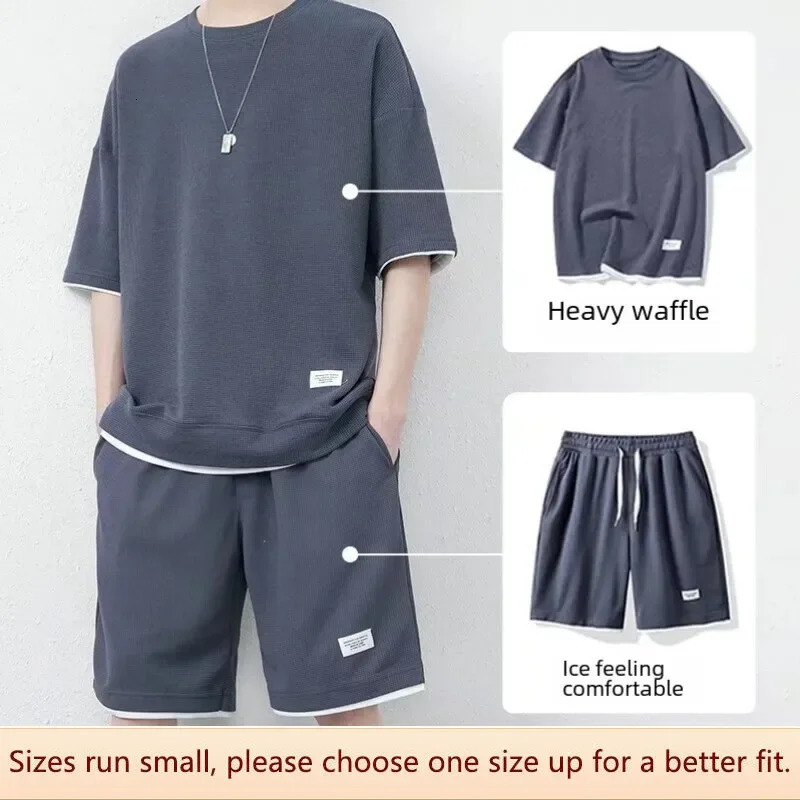 Men Summer Casual Sportswear Set Ice Silk Short Sleeve Tshirt Sporty Shorts One Piece Trendy Matching 240531