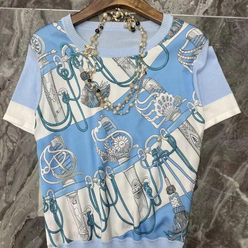 Summer Womens Geometric Printed pullover Casual Tshirts Fashion Loose Spliced Round Neck Short Sleeve Knitted Tops 240531