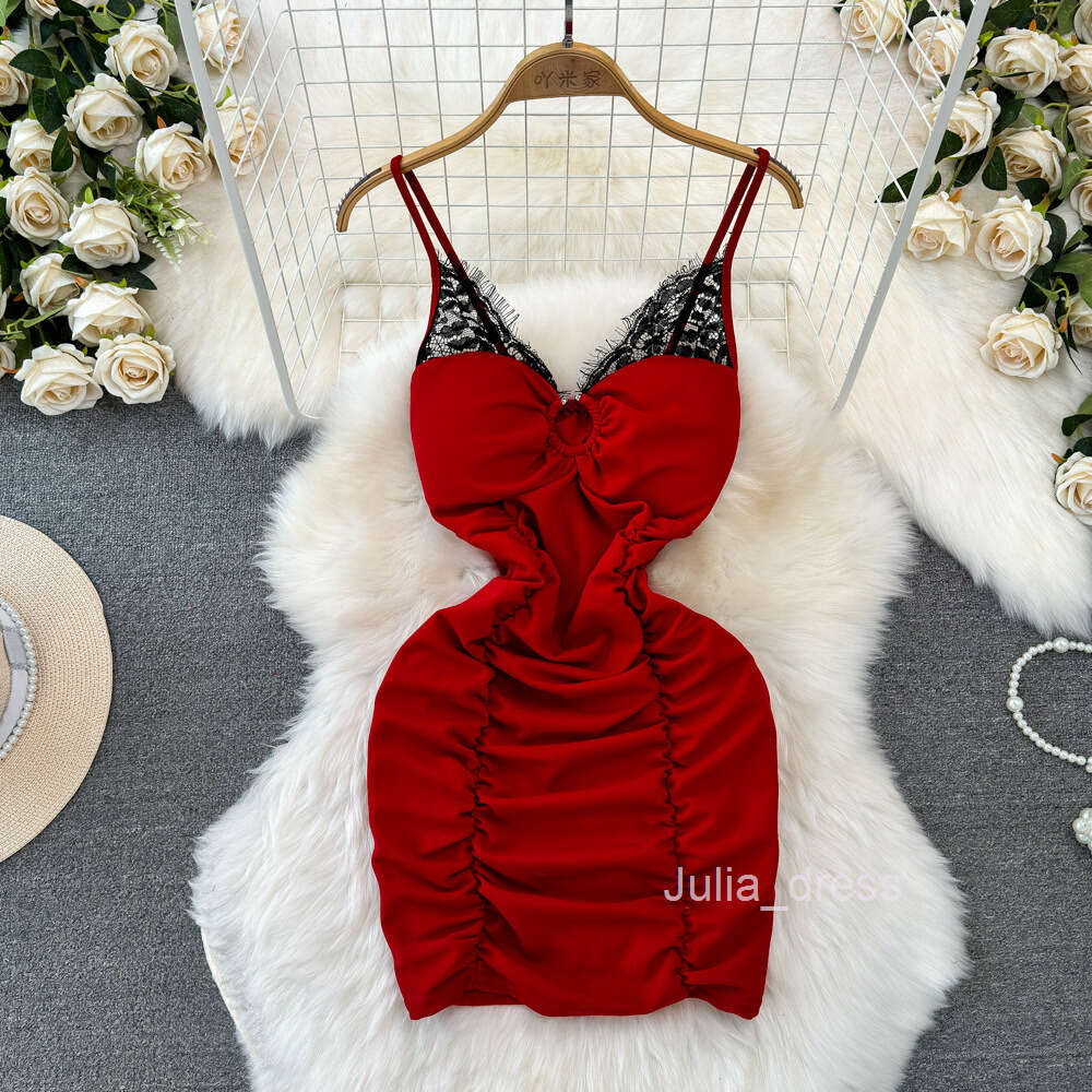 Summer Fashion Sexy V-neck Low cut Lace Splice Tight and Slimming Wrinkle Wrapped Hip Bottom Suspended Dress for Women