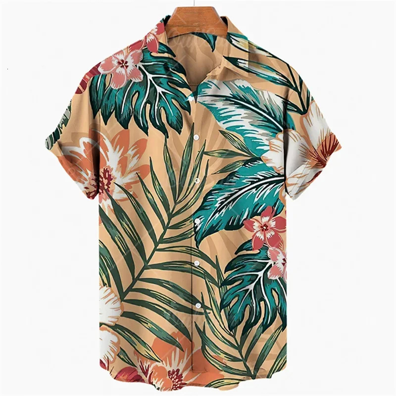 Summer Mens Leaves Elegant Floral Social Hawaiian Short Sleeve Oversized Casual Shirt Printing Vacation Style Harajuku Camisa 240529
