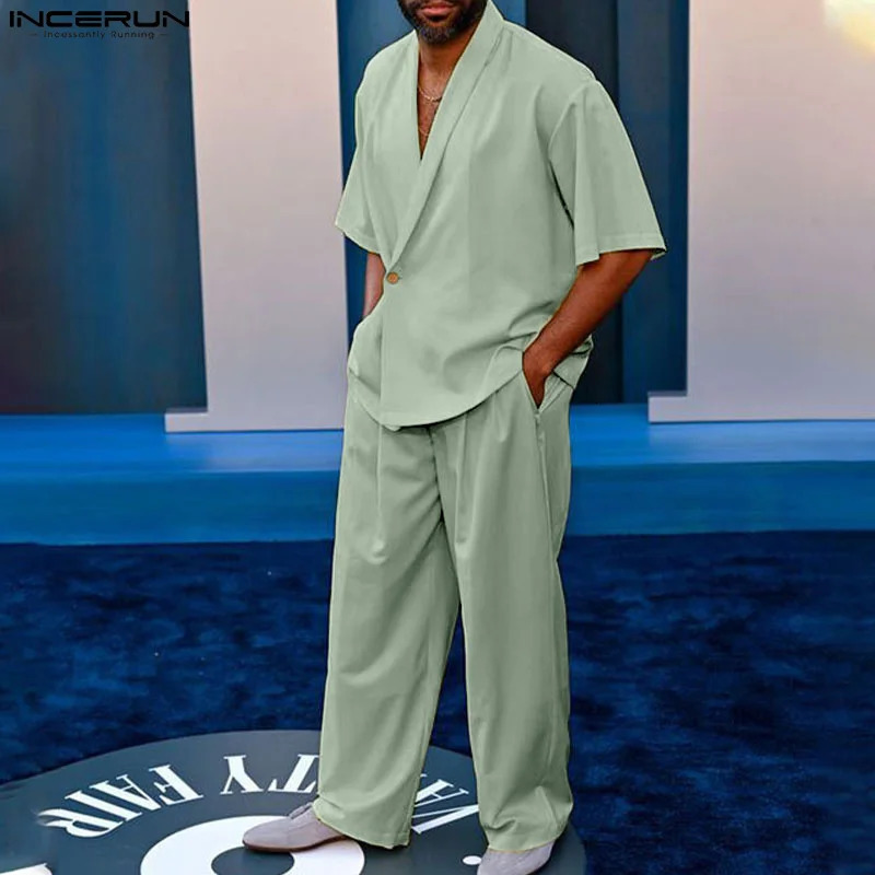 INCERUN 2024 American Style Sets Fashion Mens Solid Short Sleeved Suits Long Pants Casual Streetwear Male Two-piece Sets S-5XL 240530