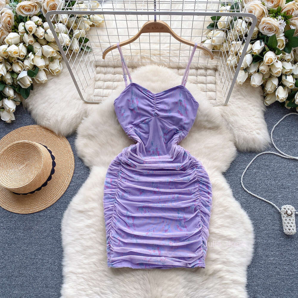Purple dress for womens Instagram pure desire style slim fit strapless suspender pleated wrap buttocks skirt mesh spicy girl skirt