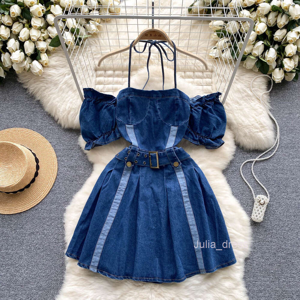 Special Offer - Off the Shoulder Hanging Neck Bubble Sleeves Denim Dress for Womens Summer New Spicy Girl Waist Collection A-line Hundred Pleated Shor