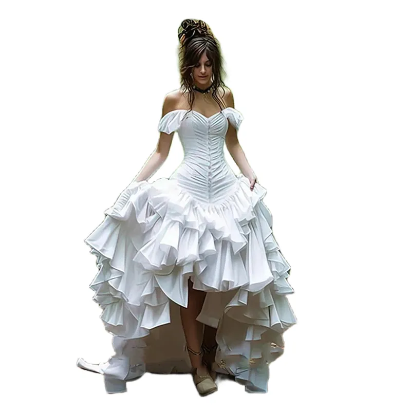 Gothic Steampunk High Low Wedding Dresses 2024 Tiers Ruffles Pleats Medieval Alternative victorian Bridal Gown White Black Color