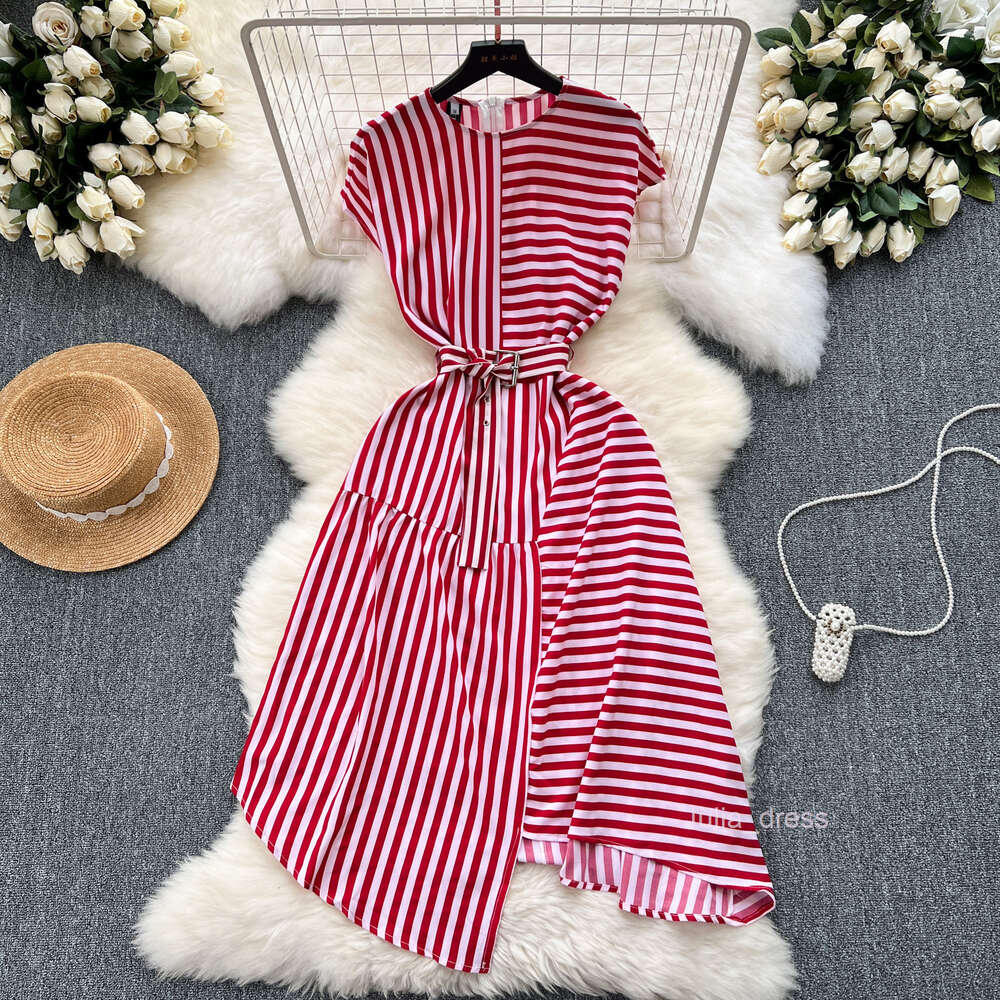 Fashionable striped patchwork dress with round neck sleeveless tie up waist slim and irregular hem elegant skirt
