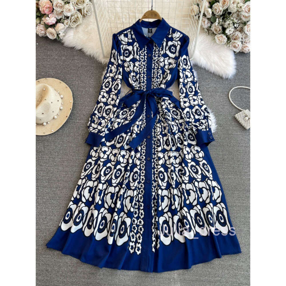 Spring and Autumn Luxury Celebrity Charm Long sleeved Polo Collar Waist Slimming Single breasted A-line Positioning Printed Shirt Dress