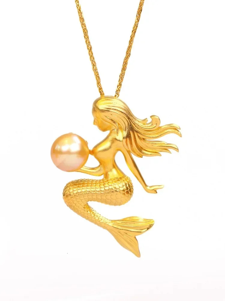 High quality womens fashion trend 24k necklace pearl mermaid pendant 999 gold necklace pure gold AU750 240528