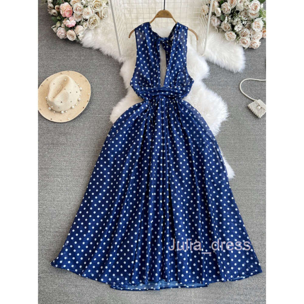 High end and socialite temperament hanging neck backless waist cinched slimming A-line polka dot chiffon dress seaside vacation long dress