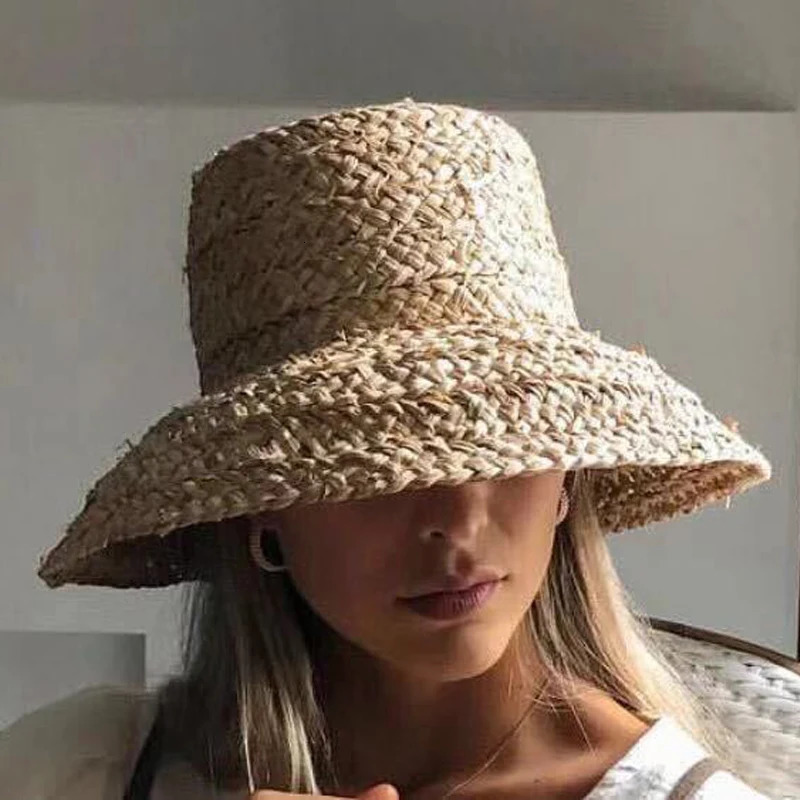 Fashion Women Wide Brim Raffia Hat Women Vacation Beach Hats Flat Top Straw Hat Summer Sun Hat Ladies UV Bucket Hat Wholesale 240530