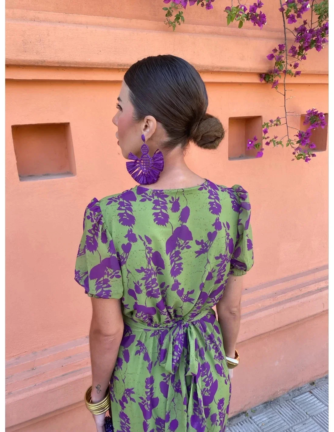 Elegant tight fitting printed twisted womens Midi dress fashionable V-neck short sleeved puff vest 2024 summer womens holiday chic vest 240516