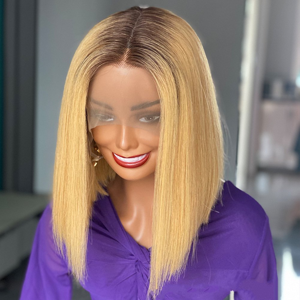 180 %Density Double Drawn Bone Straight Human Hair Wig for Woman 13x4 Top Swiss Lace Smooth and Shiny Blonde Hair Gradient Color 100% Adhesive Free