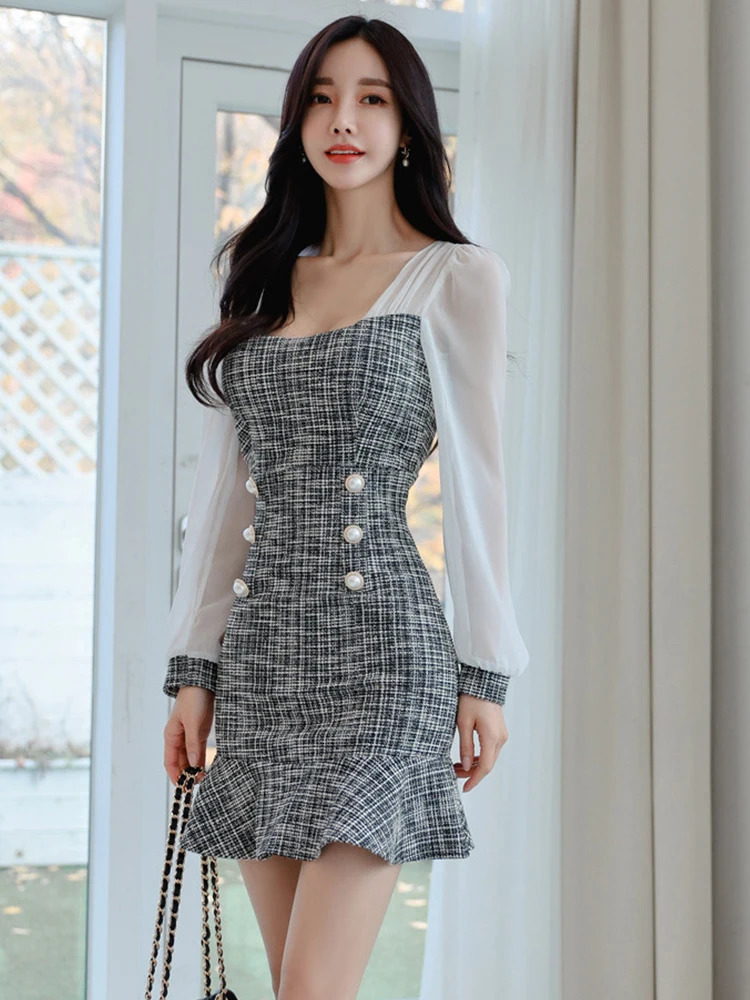 Korean Elegant Office Dress Women Casual Square Collar Chiffon Stitching Tweed Mini Sweet Mermaid Slim Female Vestido Streetwear 240529