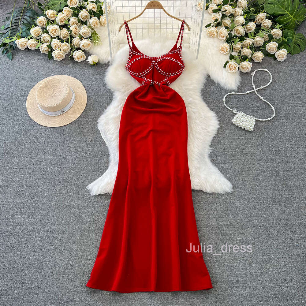 High end evening dress female socialites temperament sexy diamond embellishment strapless waist slimming suspender fishtail host dress