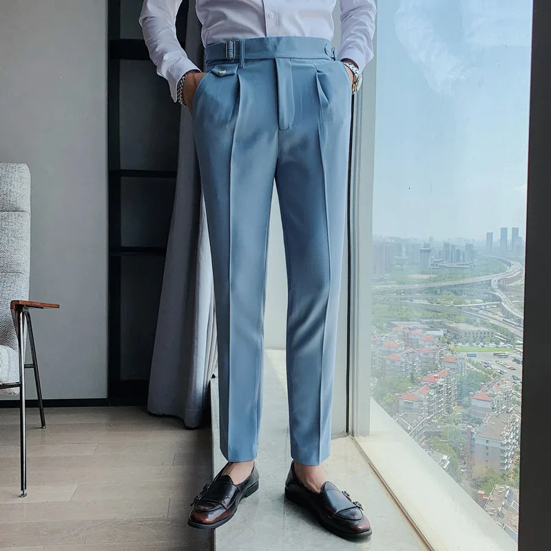 British Style Solid High Waist Suit Pant Men Business Formal Wear Trousers High Quality Slim Casual Office Suit Pants 240521
