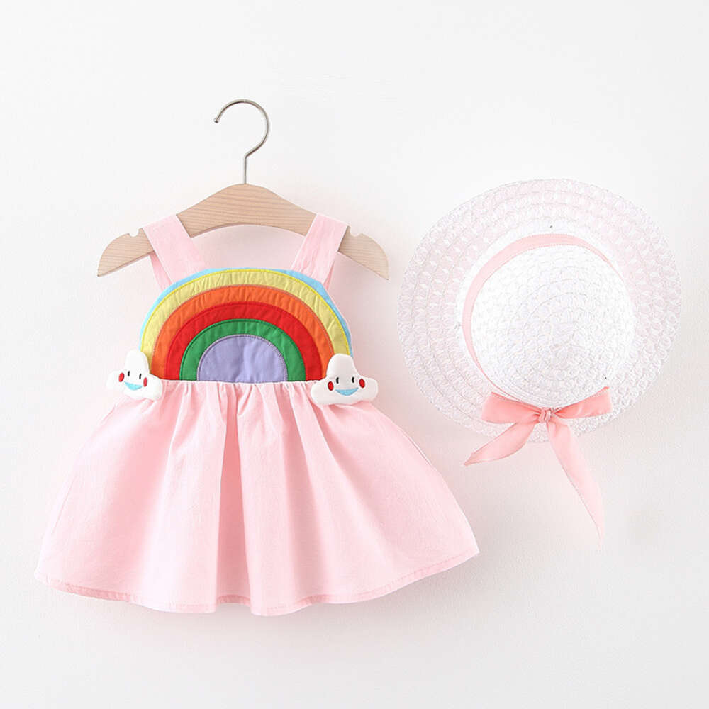 New Girls' Strap Back Elastic Waist Children's Rainbow Cloud Solid Princess Dress Baby and Child Cute Summer Dr L2405