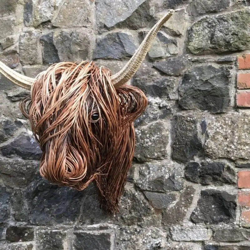 Kudottu Willow Highland Cow Woven Willow Highland Low Resin Home Decoration Wall Ornaments Gifts 240528