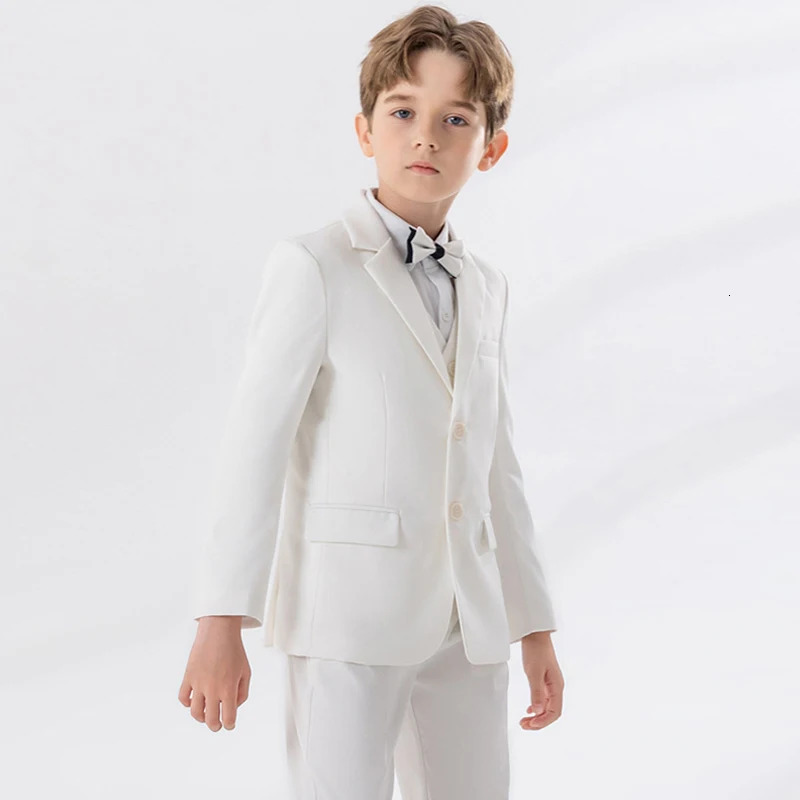 Child Autumn Formal White Suit Set Kids Performance Piano Host Wedding Party Pography Costume Kids Blazer Vest Pants Bowtie 240531