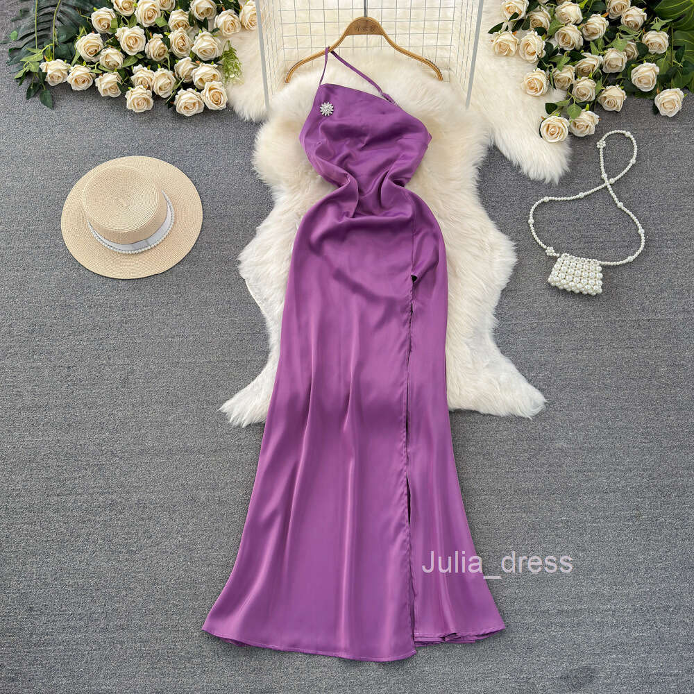 Fashionable and socialite temperament backless hanging neck sloping collar strapping waist tightening slimming effect medium length version split Alin