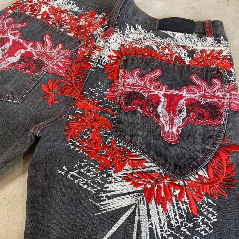 Gothic punk geometric pattern street y2k denim gym shorts for men 2000s American vintage versatile baggy streetwear pant 240531