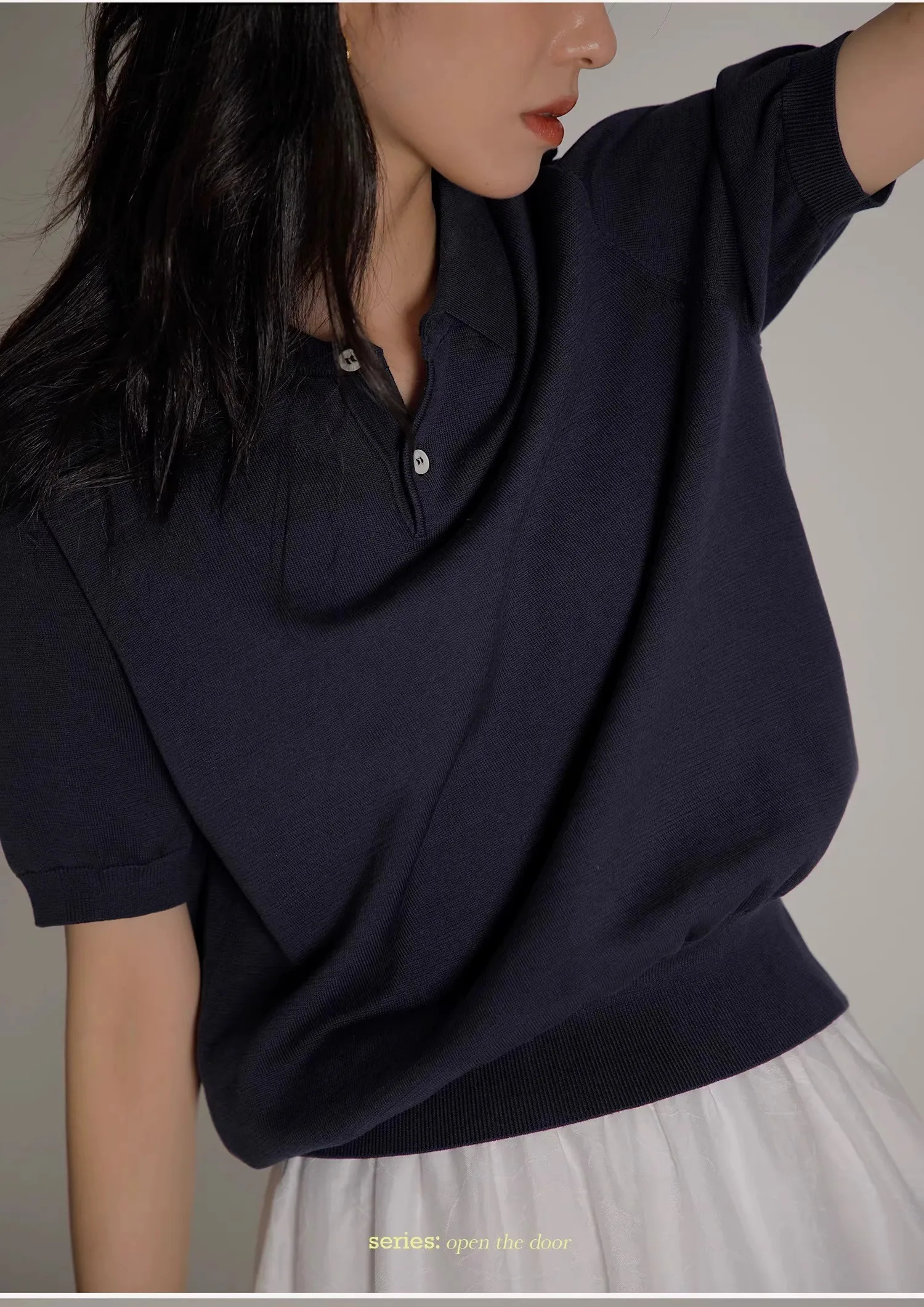 Blue ice silk knitted polo shirt shoulder short sleeve Tshirt womens summer thin French highgrade lapel top 240531