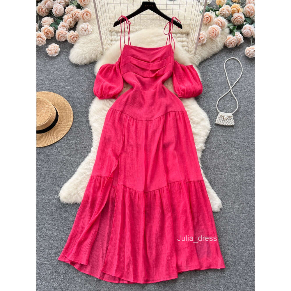 Beach resort style camisole dress for womens summer off shoulder bubble sleeves with slit design for a unique and beautiful beach skirt