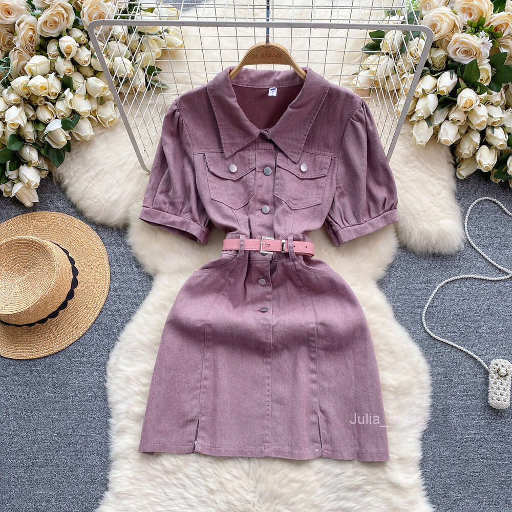 Korean style outfit with age reducing college style denim skirt design sense button fitting short fashionable dress for women