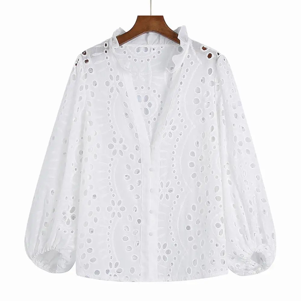 Women Lace Shirt Hollow Out Embroidery Blouse White Blue Green Rose Pink Summer Clothing Modern Girl Blusa Tops 240531