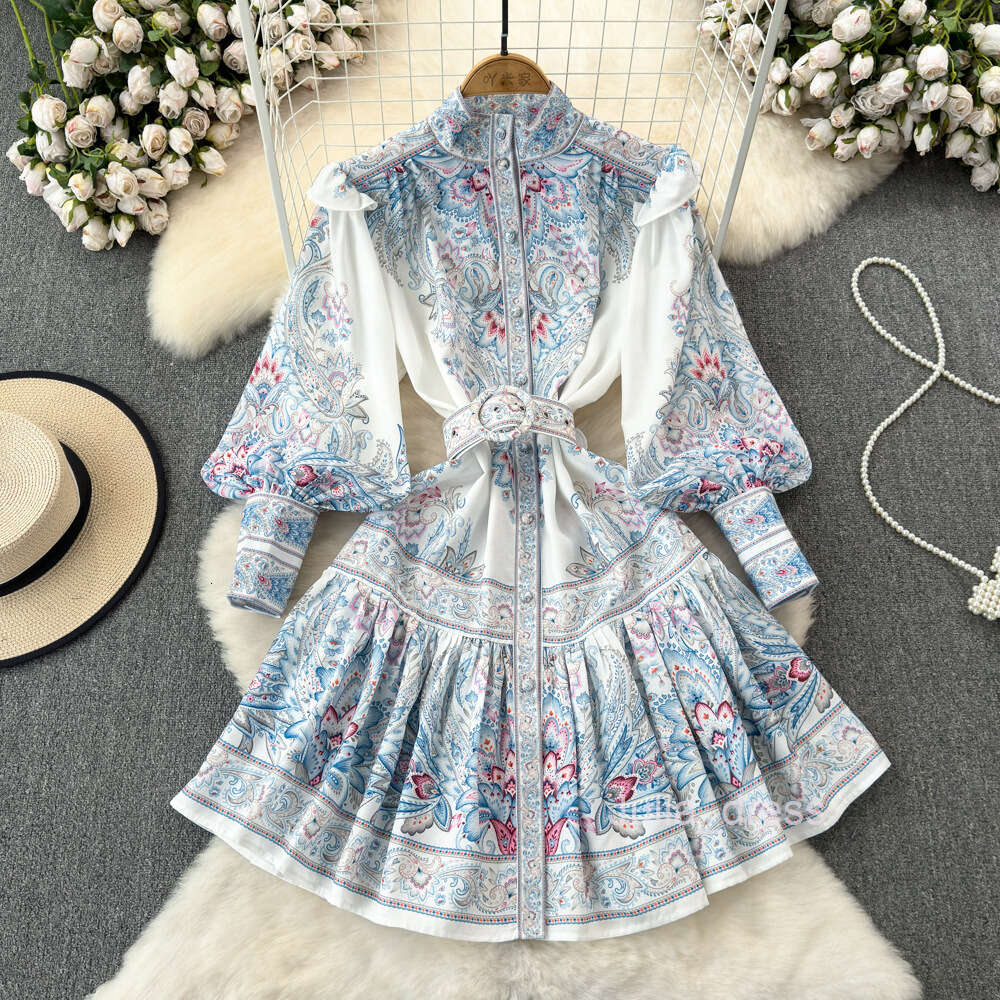 Spring and Autumn Elegant Lantern Long sleeved Standing Neck with Waist and Slim Appearance Single breasted A-line Positioning Printed Dress