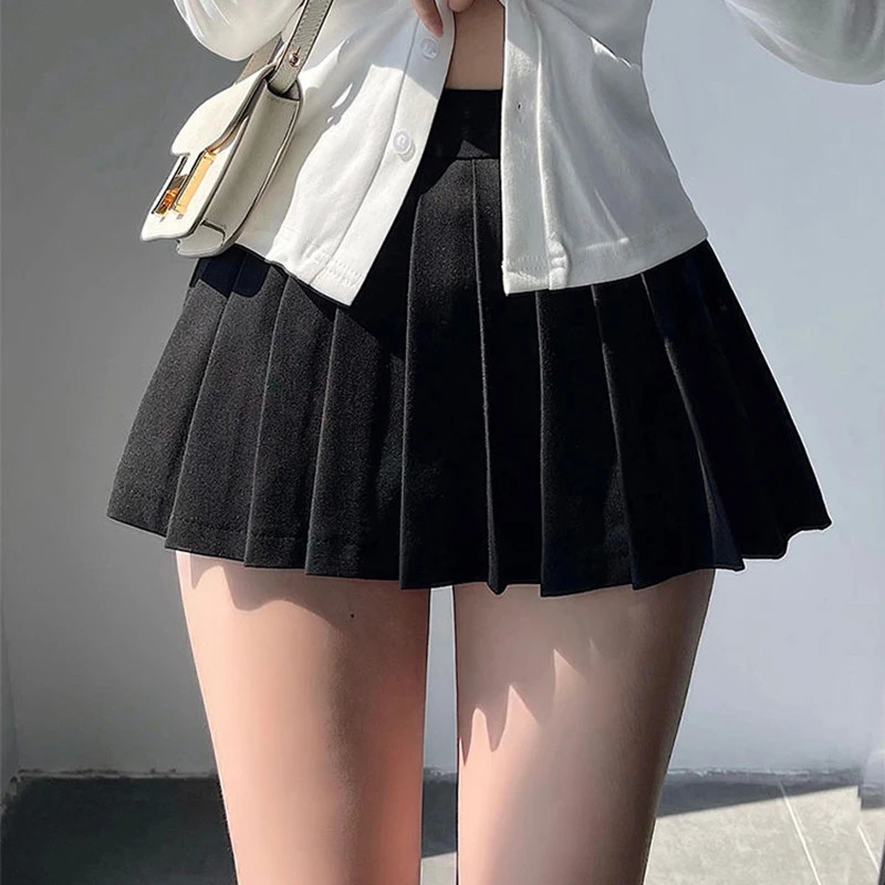 ZOKI Pleated Skirt with Short Sexy High Waist Irregular White Black Aline Gyaru Tennis extreme Mini School 240513