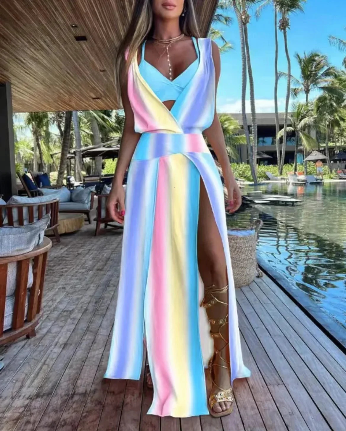 Sexy Women Sleeveless Plunge High Slit Maxi Dress with Bra Top 2023 Summer Femme Robe Casual Lady Clothing 240530