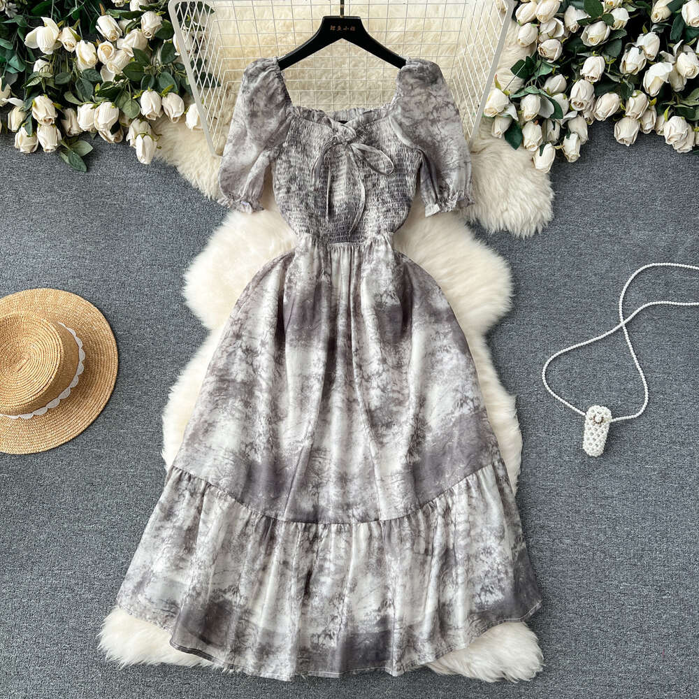 French Bubble Sleeves Dress Womens Design Feel Irregular Halo Dye Elastic Slim Fit Mid length Ruffle Edge Fake Skirt