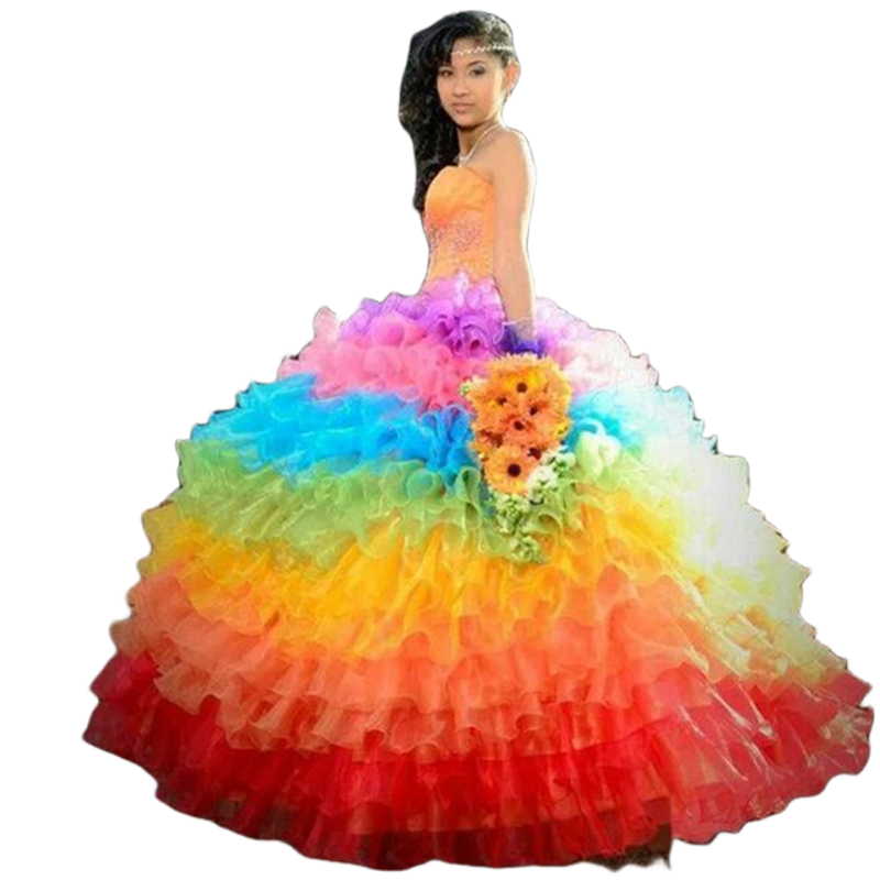 Rainbow Colorful Ball Gown Wedding Dresses Tiered Organza Floor Length Bridal Gowns Lace Appliques Sweetheart Neck Sleeveless Women Party Events Robe