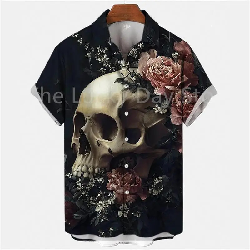 Mens Summer Skull Fashion Y2k Hawaiian Oversized Short Sleeve Shirt Casual Clothing Harajuku Pattern Social Vintage Camisa 240529