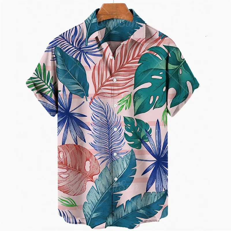 Summer Mens Leaves Elegant Floral Social Hawaiian Short Sleeve Oversized Casual Shirt Printing Vacation Style Harajuku Camisa 240529