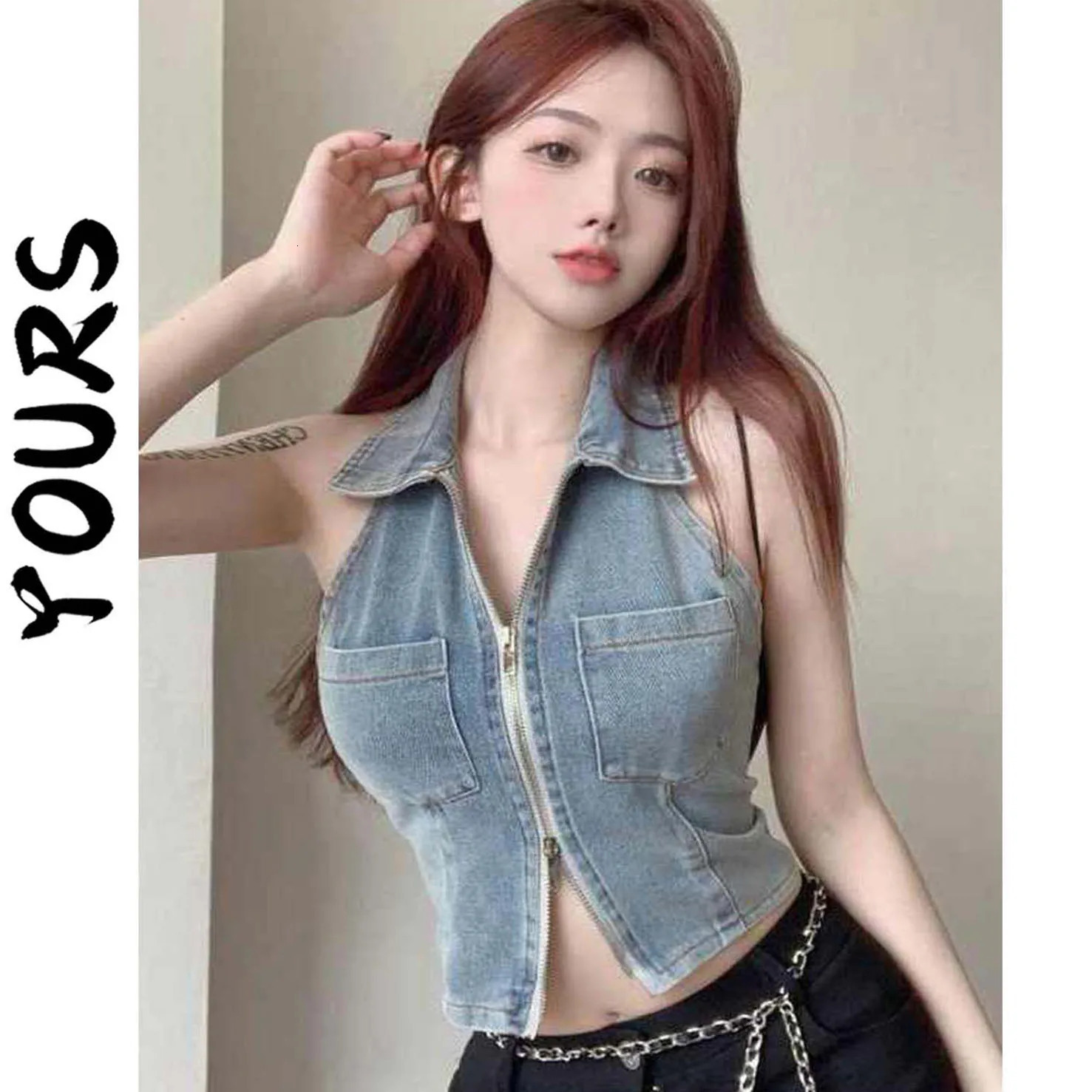 Womens Sexy Denim Short Tank Tops Crop Top Fashion Zipper Delicate Bustier Vest Ladies Skinny Jeans Halter Bralette 240531