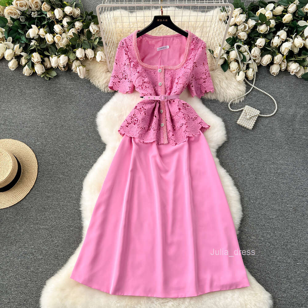 French court style dress for women with a fake design. Two pieces of lace short sleeved high-end patchwork mid length dress for women