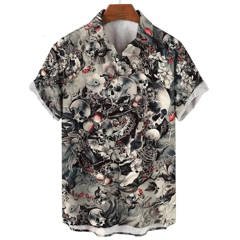 Mens Summer Skull Fashion Y2k Hawaiian Oversized Short Sleeve Shirt Casual Clothing Harajuku Pattern Social Vintage Camisa 240529