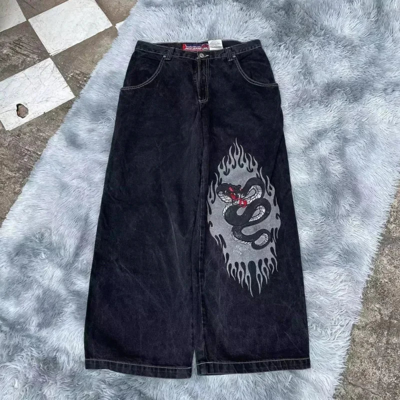 Vintage Graphic Print Baggy Jeans Y2k Streetwear Black Denim Pants Hip Hop Wide Leg Trouser Casual Loose High Waist Pant For Men 240521