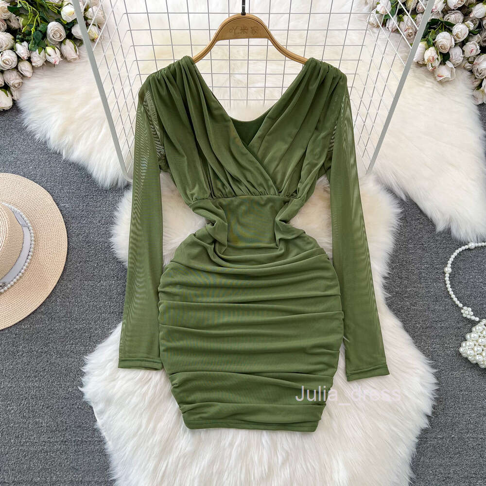 Spring and Autumn Fashion Sexy V-Neck Waist Shrinking Slim Short Fold Mesh Wrapped Bottom Dress for Women