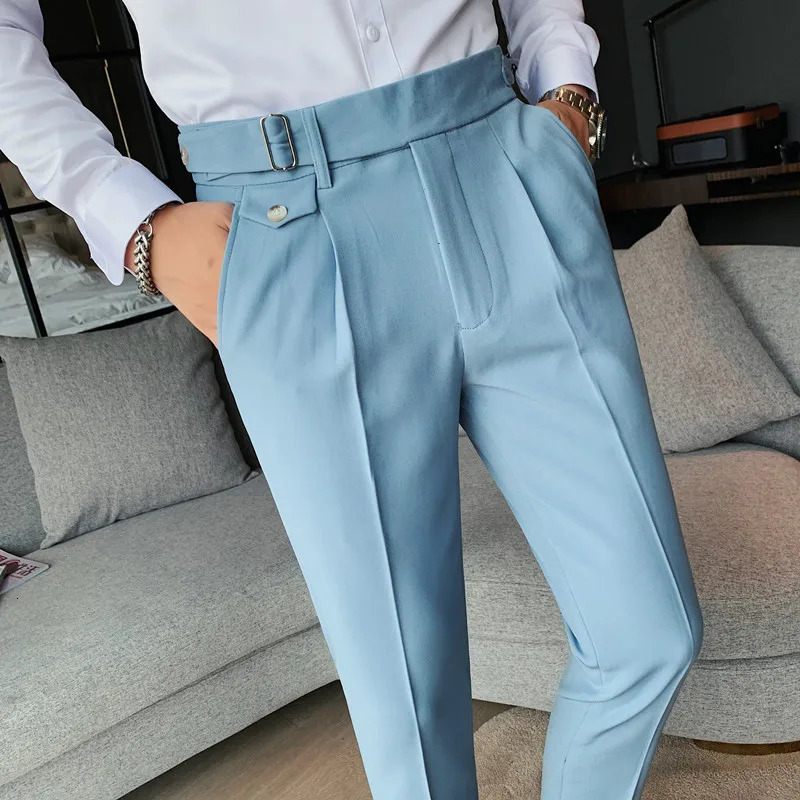 British Style Solid High Waist Suit Pant Men Business Formal Wear Trousers High Quality Slim Casual Office Suit Pants 240521