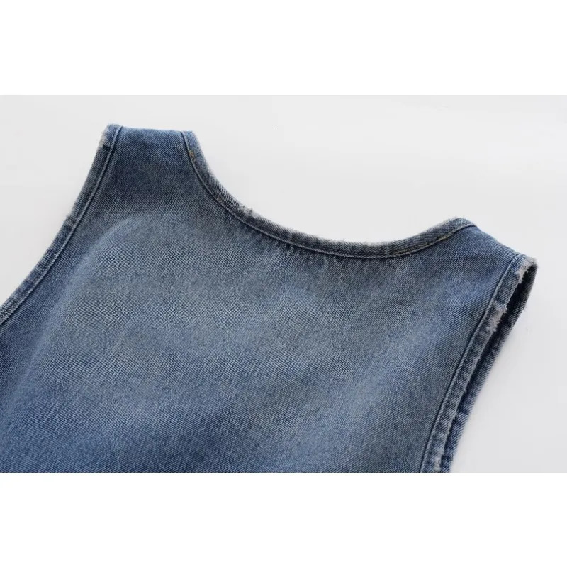 TRAF ZR Womens Denim Xlong Tank Top ONECK Side Splits Self Tied Belt Comfy Sleeveless Jean Tops Hem Frayed Tanks Camis 240531