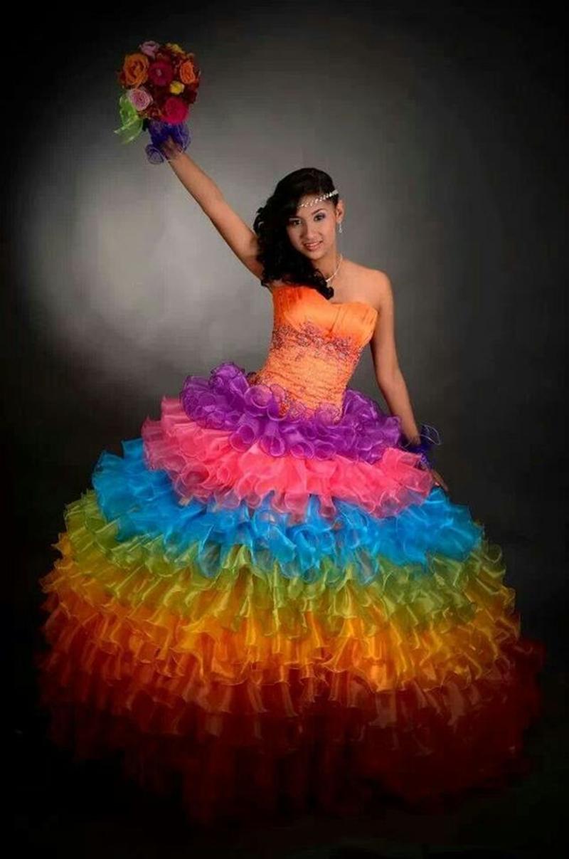 Rainbow Colorful Ball Gown Wedding Dresses Tiered Organza Floor Length Bridal Gowns Lace Appliques Sweetheart Neck Sleeveless Women Party Events Robe