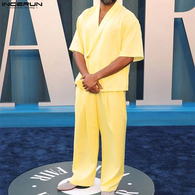 INCERUN 2024 American Style Sets Fashion Mens Solid Short Sleeved Suits Long Pants Casual Streetwear Male Two-piece Sets S-5XL 240530