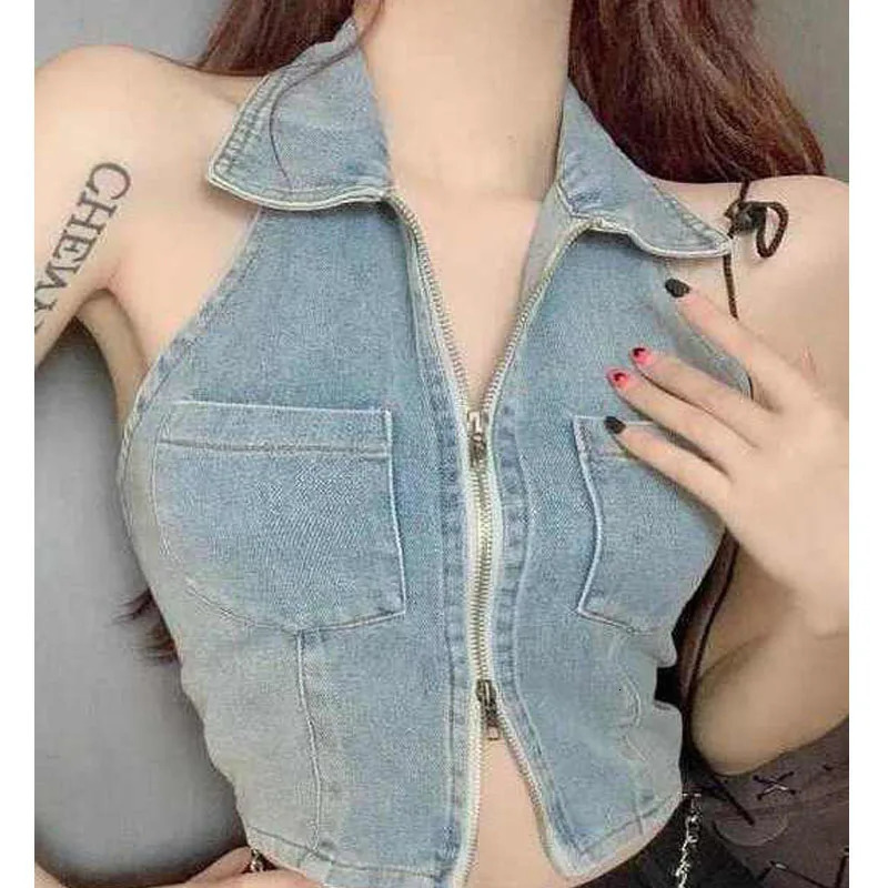 Womens Sexy Denim Short Tank Tops Crop Top Fashion Zipper Delicate Bustier Vest Ladies Skinny Jeans Halter Bralette 240531