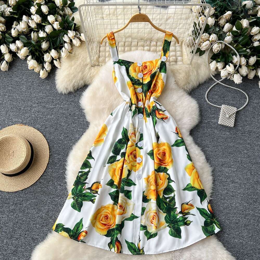 Celebrity temperament vacation camisole dress womens single breasted design slim fit waistband large hem printed long skirt