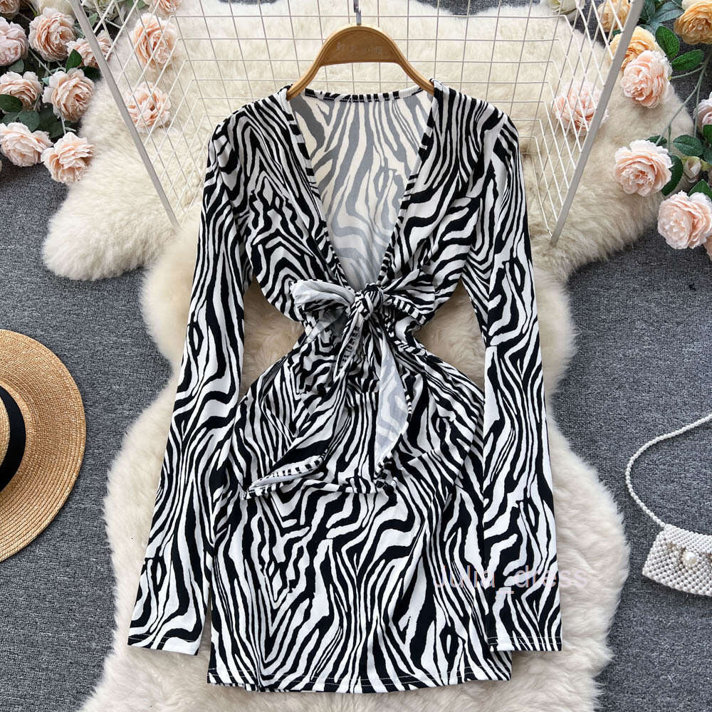 Spring and Autumn Spicy Girl Deep V-neck Hollow Tie Long Sleeve Zebra Print Tight Long Sleeve Wrapped Hip Dress