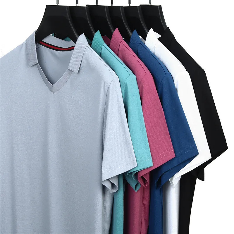 Summer Polo Shirt Short Sleeve Vneck Ice Silk Solid Color Tshirt Male Top with Collar Golf Tees Navy Blue Poloshirt 240531