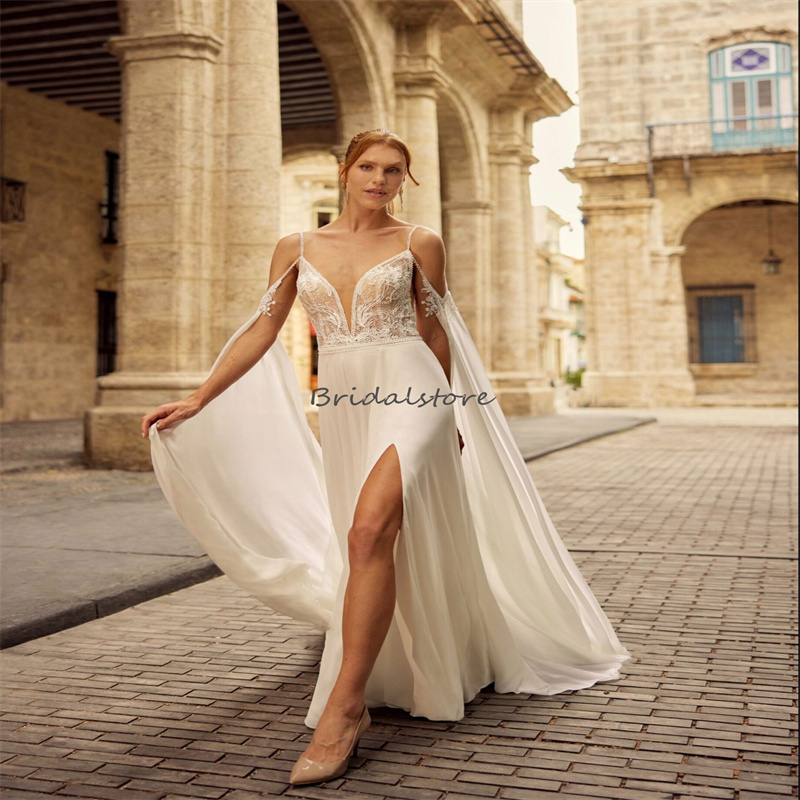 Gatsby Boho Wedding Dresses With Angle Wing Cape Sleeves Sexy Spaghetti Straps High Slit Beach Bridal Dress Appliques Beaded Bohemian Country Bride Ve