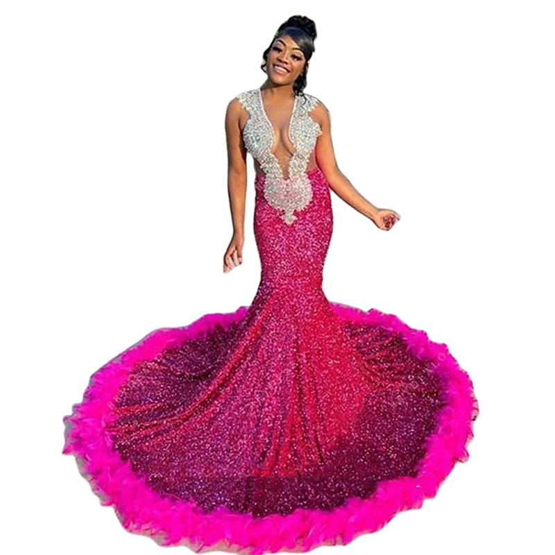 Glitter Fuchsia Sequined Mermaid Prom Dresses Crystal Beaded Long Feather Evening Gown For Black Girls 2024 African Arabic Celebrity Party Dress Speci