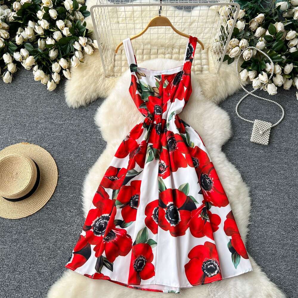 Celebrity temperament vacation camisole dress womens single breasted design slim fit waistband large hem printed long skirt
